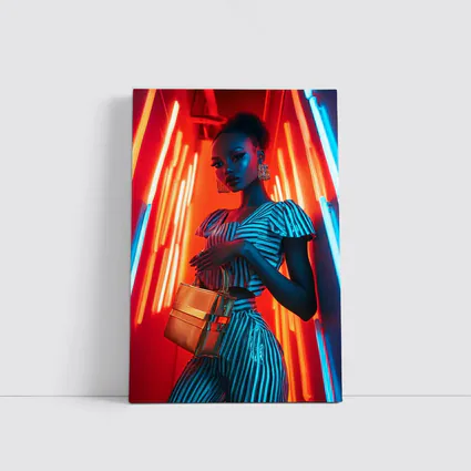 Woman in Stripes Neon Light Fashion Portrait