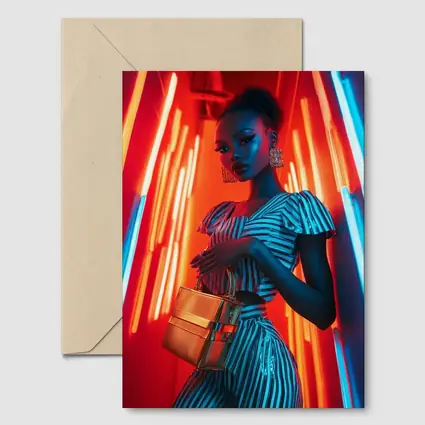 Woman in Stripes Neon Light Fashion Portrait