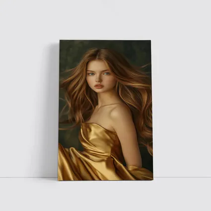 Young Woman Golden Dress Dark Green Background