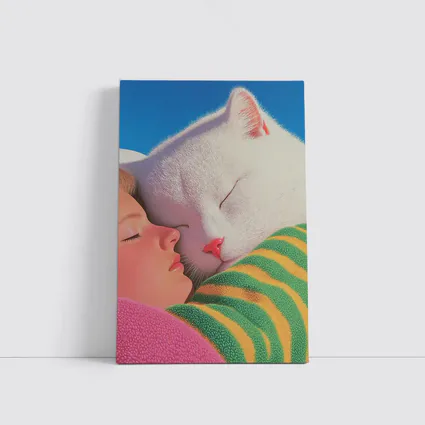 White Cat and Girl Sleeping Together