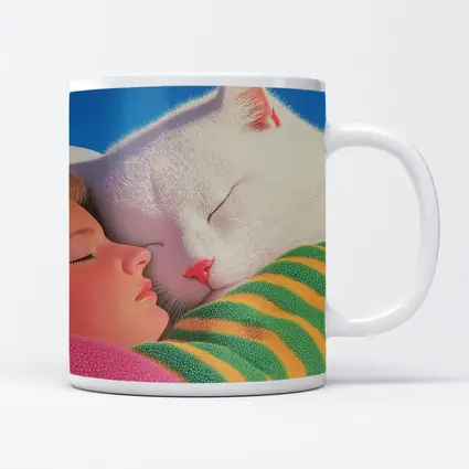 White Cat and Girl Sleeping Together
