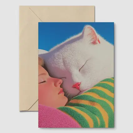 White Cat and Girl Sleeping Together
