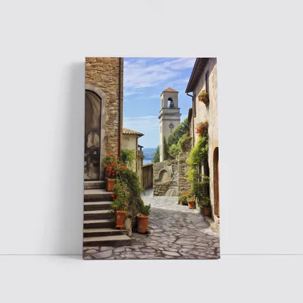 Italian Village Cobblestone Street Bell Tower