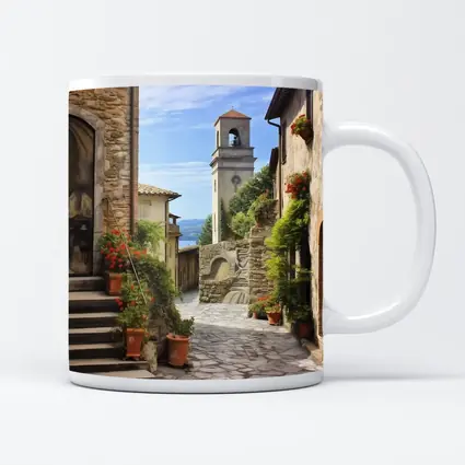 Italian Village Cobblestone Street Bell Tower