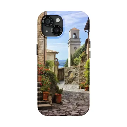 Italian Village Cobblestone Street Bell Tower