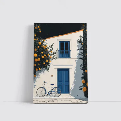 Mediterranean White House Blue Door Orange Trees