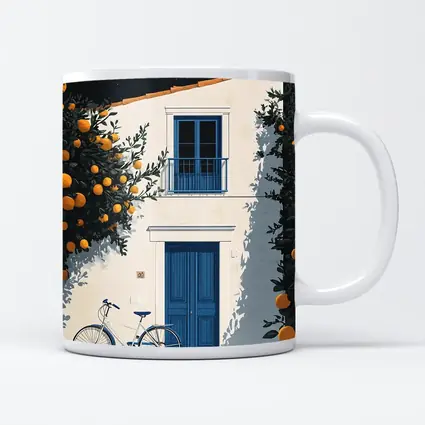 Mediterranean White House Blue Door Orange Trees
