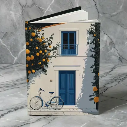 Mediterranean White House Blue Door Orange Trees
