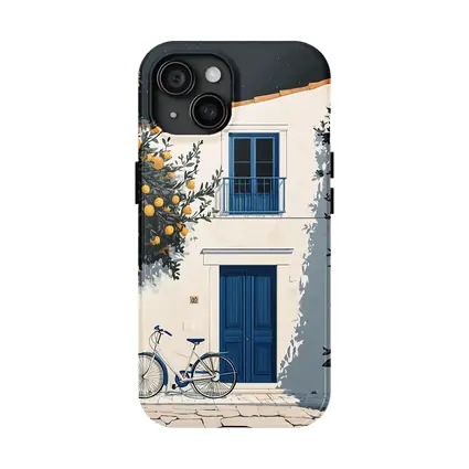 Mediterranean White House Blue Door Orange Trees