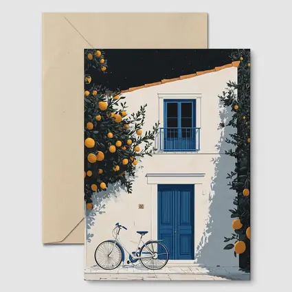 Mediterranean White House Blue Door Orange Trees