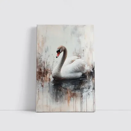 White Swan Floating on Misty Water Painting