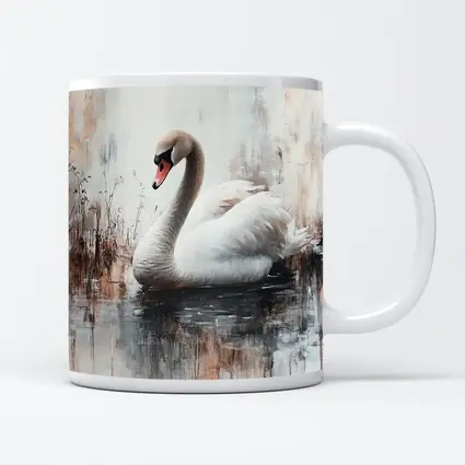White Swan Floating on Misty Water Painting