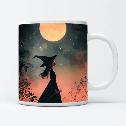 Witch Girl Silhouette Under Full Moon Night