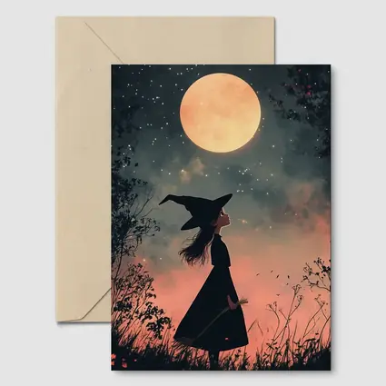 Witch Girl Silhouette Under Full Moon Night