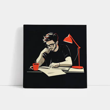 Man Writing at Desk Dark Background