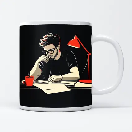 Man Writing at Desk Dark Background