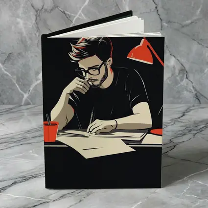 Man Writing at Desk Dark Background