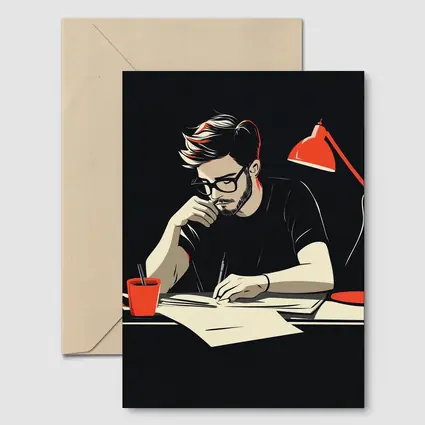 Man Writing at Desk Dark Background
