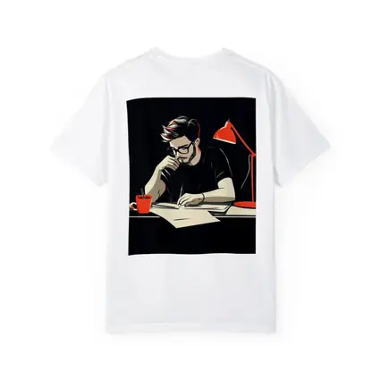 Man Writing at Desk Dark Background