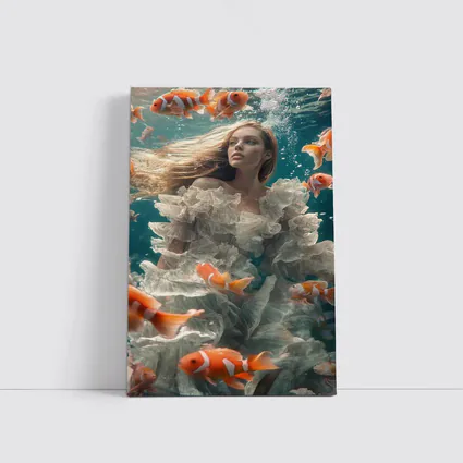 Woman Underwater White Dress Clownfish