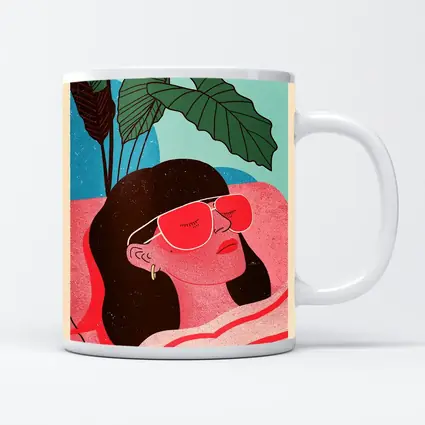 Relaxed Woman Sunglasses Tropical Plant Illustration