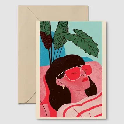Relaxed Woman Sunglasses Tropical Plant Illustration