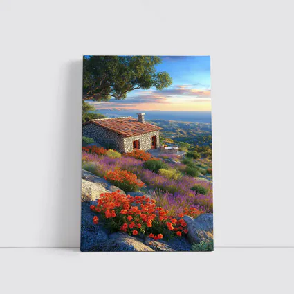 Stone Cottage Hillside Wildflowers Sunset Landscape