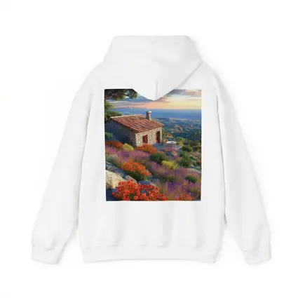 Stone Cottage Hillside Wildflowers Sunset Landscape