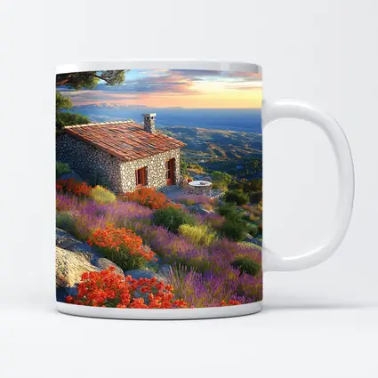 Stone Cottage Hillside Wildflowers Sunset Landscape