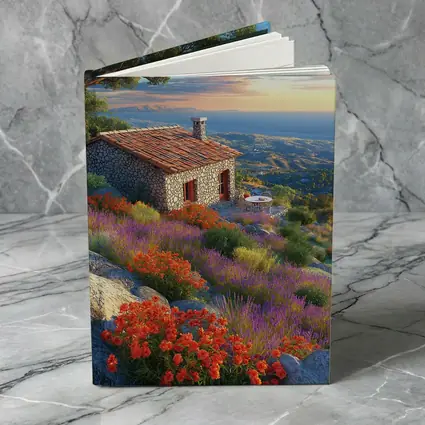 Stone Cottage Hillside Wildflowers Sunset Landscape