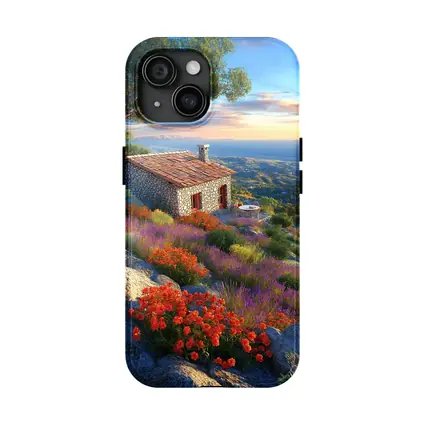Stone Cottage Hillside Wildflowers Sunset Landscape