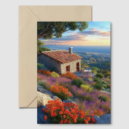Stone Cottage Hillside Wildflowers Sunset Landscape