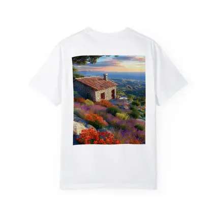 Stone Cottage Hillside Wildflowers Sunset Landscape