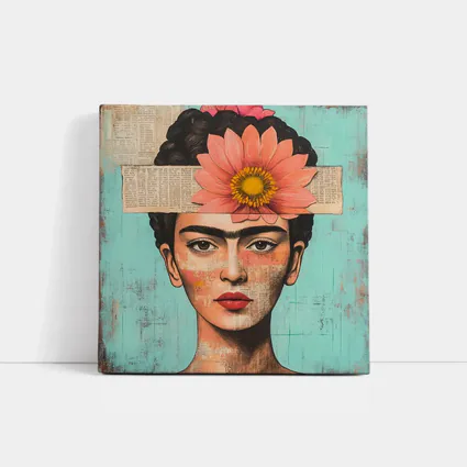 Frida Inspired Woman Collage Teal Background