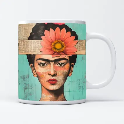 Frida Inspired Woman Collage Teal Background