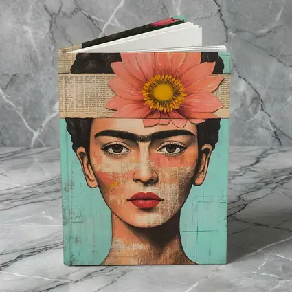 Frida Inspired Woman Collage Teal Background