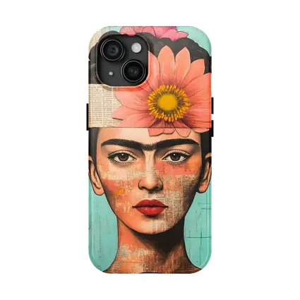 Frida Inspired Woman Collage Teal Background