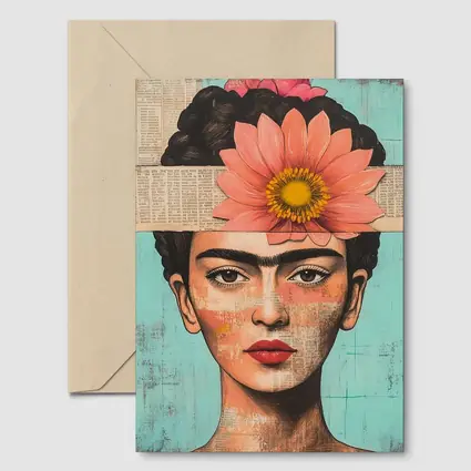 Frida Inspired Woman Collage Teal Background
