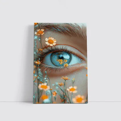 Blue Eye Close Up With Orange Wildflowers