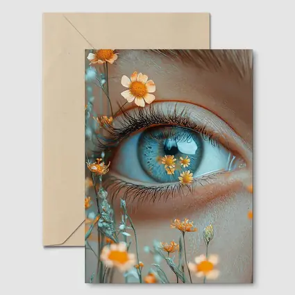 Blue Eye Close Up With Orange Wildflowers