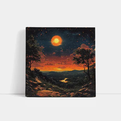 Retro Orange Moon Sunset Valley Landscape Art