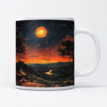Retro Orange Moon Sunset Valley Landscape Art