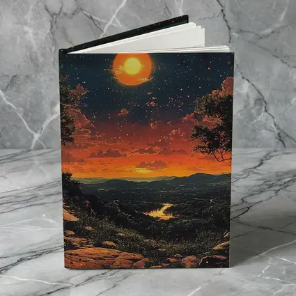 Retro Orange Moon Sunset Valley Landscape Art