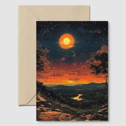 Retro Orange Moon Sunset Valley Landscape Art
