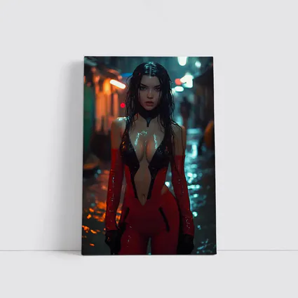 Cyberpunk Woman Red Suit Rainy Street