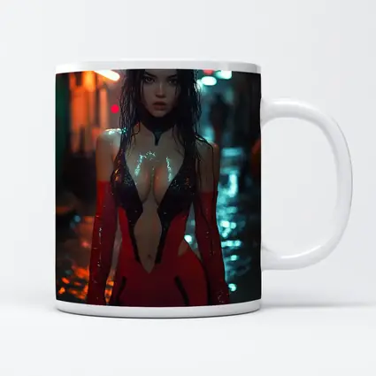 Cyberpunk Woman Red Suit Rainy Street