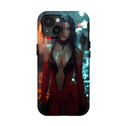 Cyberpunk Woman Red Suit Rainy Street