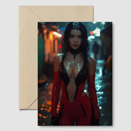 Cyberpunk Woman Red Suit Rainy Street