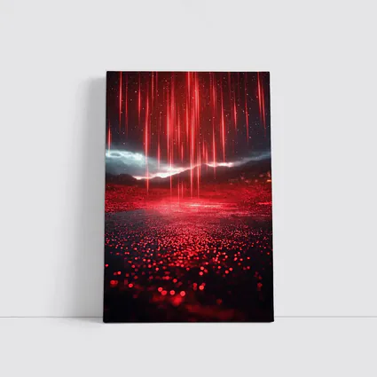 Red Neon Rain Glowing Dark Landscape Art