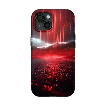 Red Neon Rain Glowing Dark Landscape Art